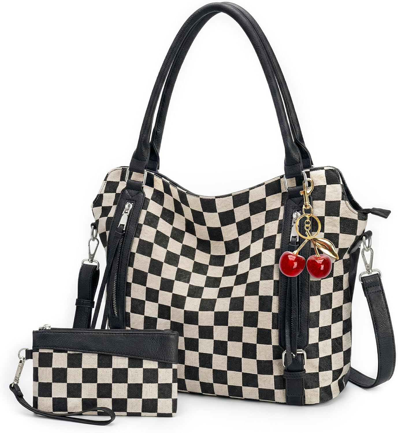 Checkered Crossbody Bag, Brown Checkered Purse, Large Capacity Shoulder Bag, Handbag with Wallet and Cherry Charm