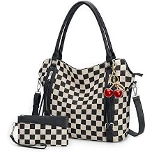 Checkered Crossbody Bag, Brown Checkered Purse, Large Capacity Shoulder Bag, Handbag with Wallet and Cherry Charm