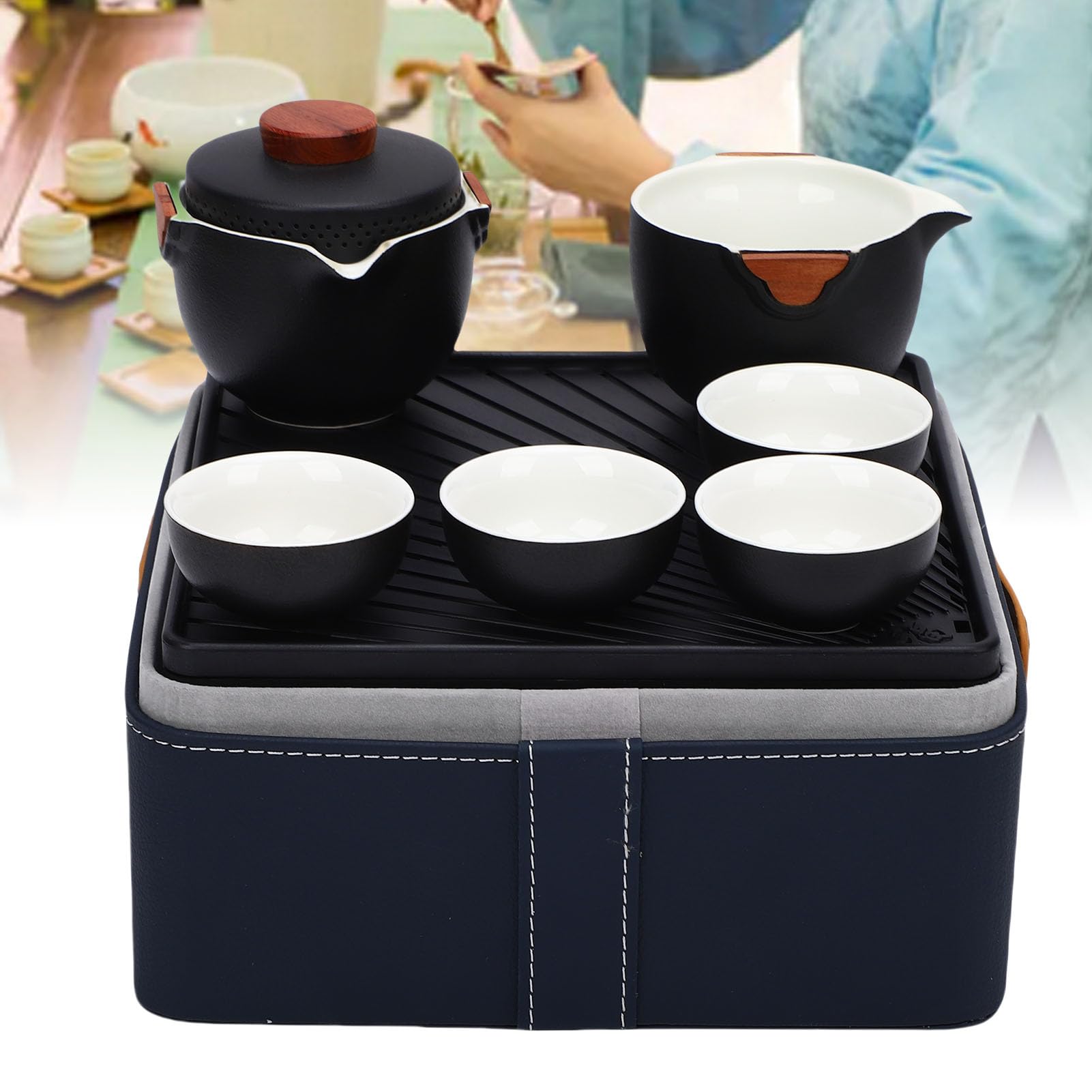 Alomejor Zestaw do Herbaty, Przenośny Czajniczek Ceramiczny Zestaw do Herbaty Gongfu z torbą podróżną i 3 Filiżankami Domowego Biura Podróży Camping Piknik na świeżym Powietrzu