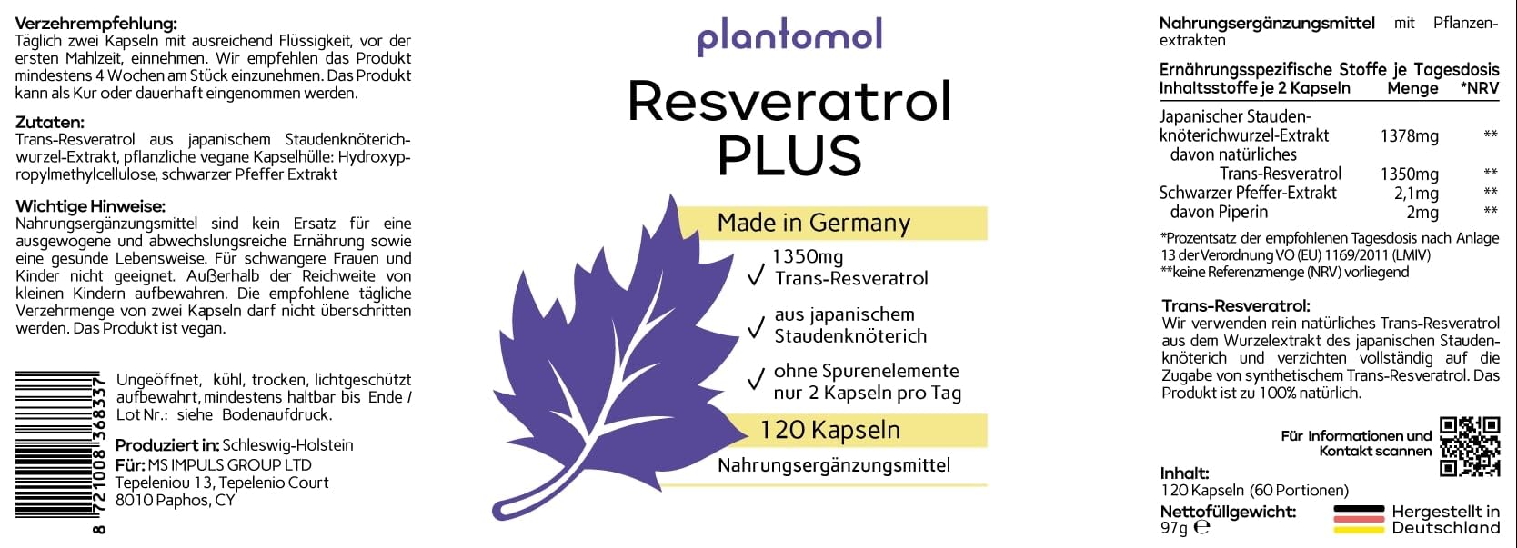 Trans Resveratrol Kapseln 1350mg – 120x Resveratrol Hochdosiert – 100:1 Trans-Resveratrol PLUS aus japanischem Knöterich – 2 Monatsvorrat – Made in Germany
