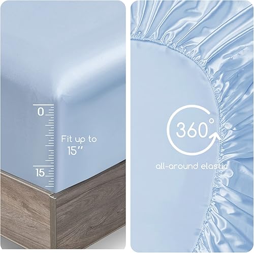 Miniatura 3 de Juego de sábanas lisas de seda de morera, grado 6A (25 momme), tamaño King (76 x 80 pulgadas), color azul claro, juego cómodo y acogedor de hasta 19