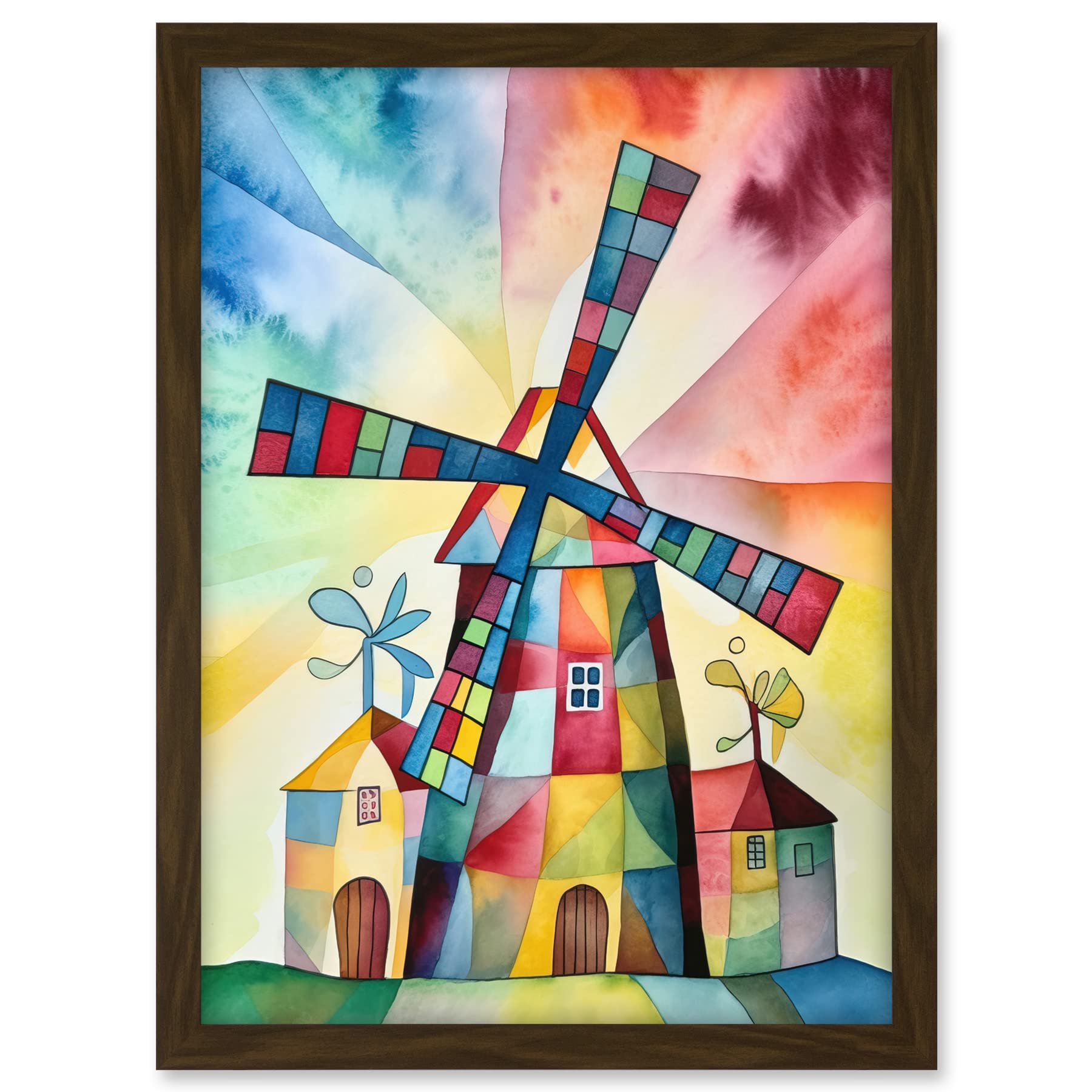 Artery8 Windmill Folk Art Abstract Bright Artwork Framed A3 Wall Art Print