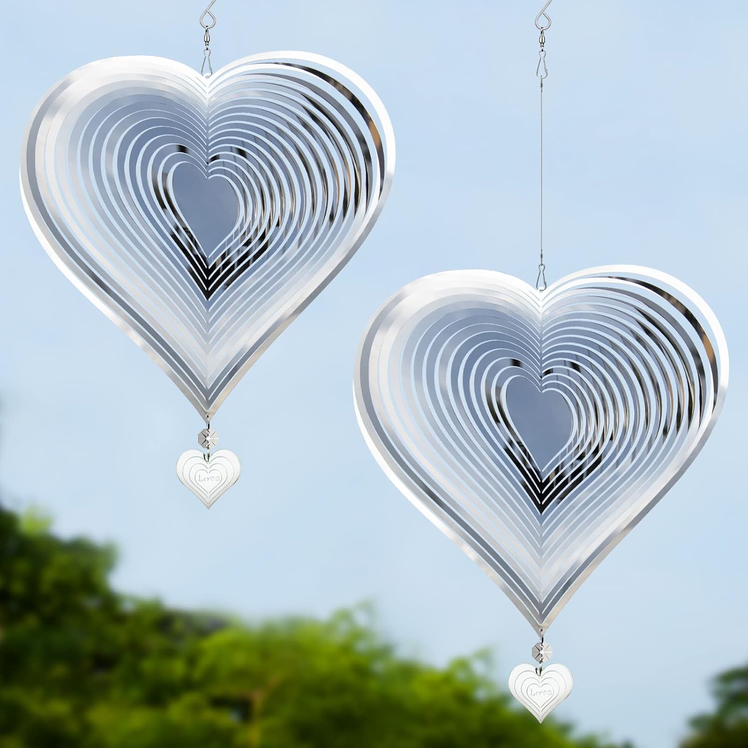 Wind Spinners, 4 Pack 12in 3D Stainless Steel Outdoor Hanging Wind Spinner with 4X Pendants and 6X 360° Rotating Hook, Reflective Decor for Outside Yard and Garden (4 Pack)