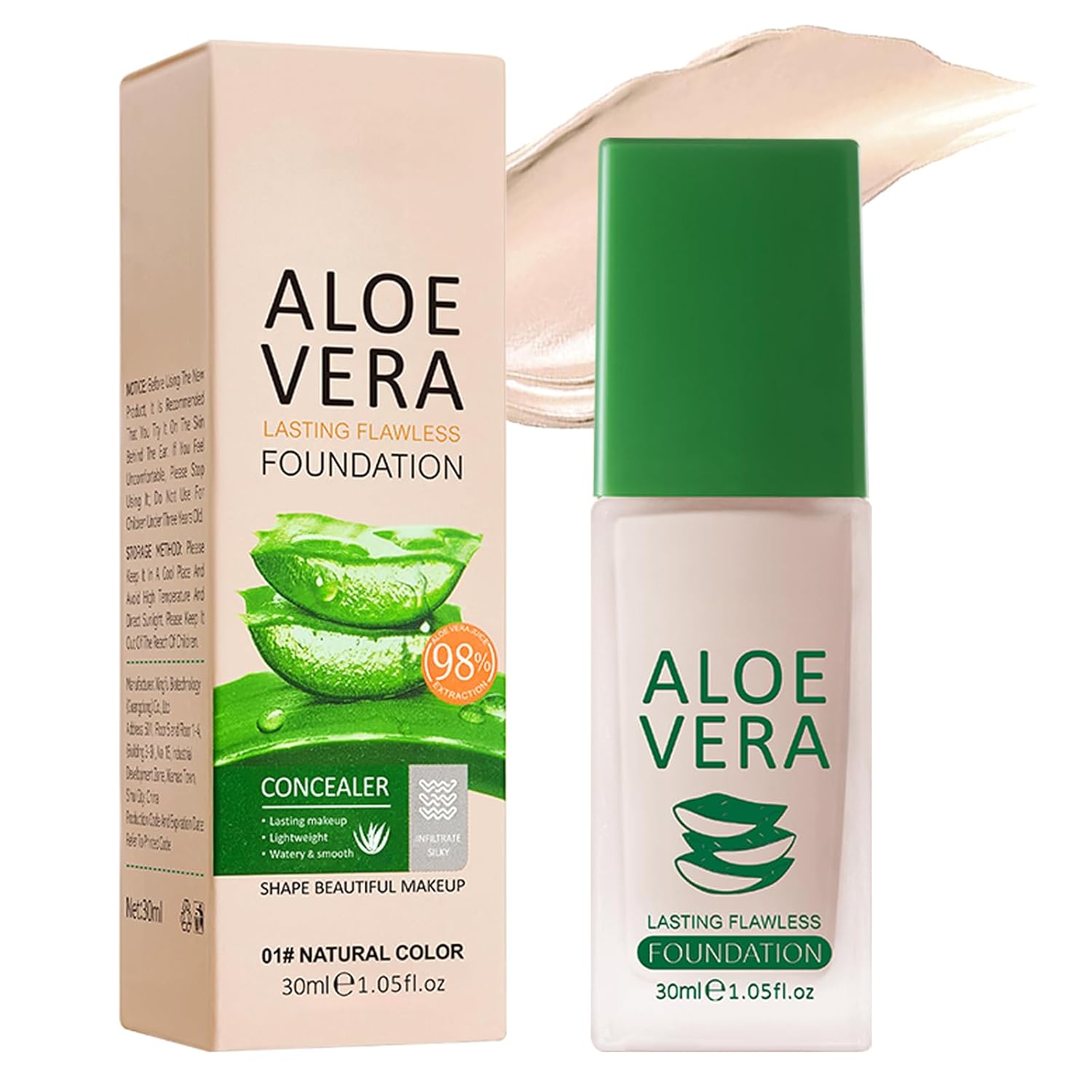 Aloe-Infused Foundation Hydrating Skincare Makeup with Aloe Leaf Medium to High Buildable Coverage Lightweight Breathable Vegan Liquid Formula