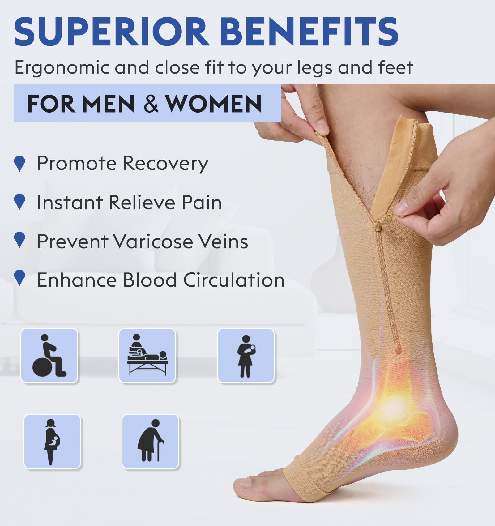 KEKING Medias de compresión médicas con cremallera, opacas, punta abierta, 2030 mmHg, calcetines de compresión graduados de rodilla y pierna alta, soporte para pantorrillas, unisex, DVT, venas