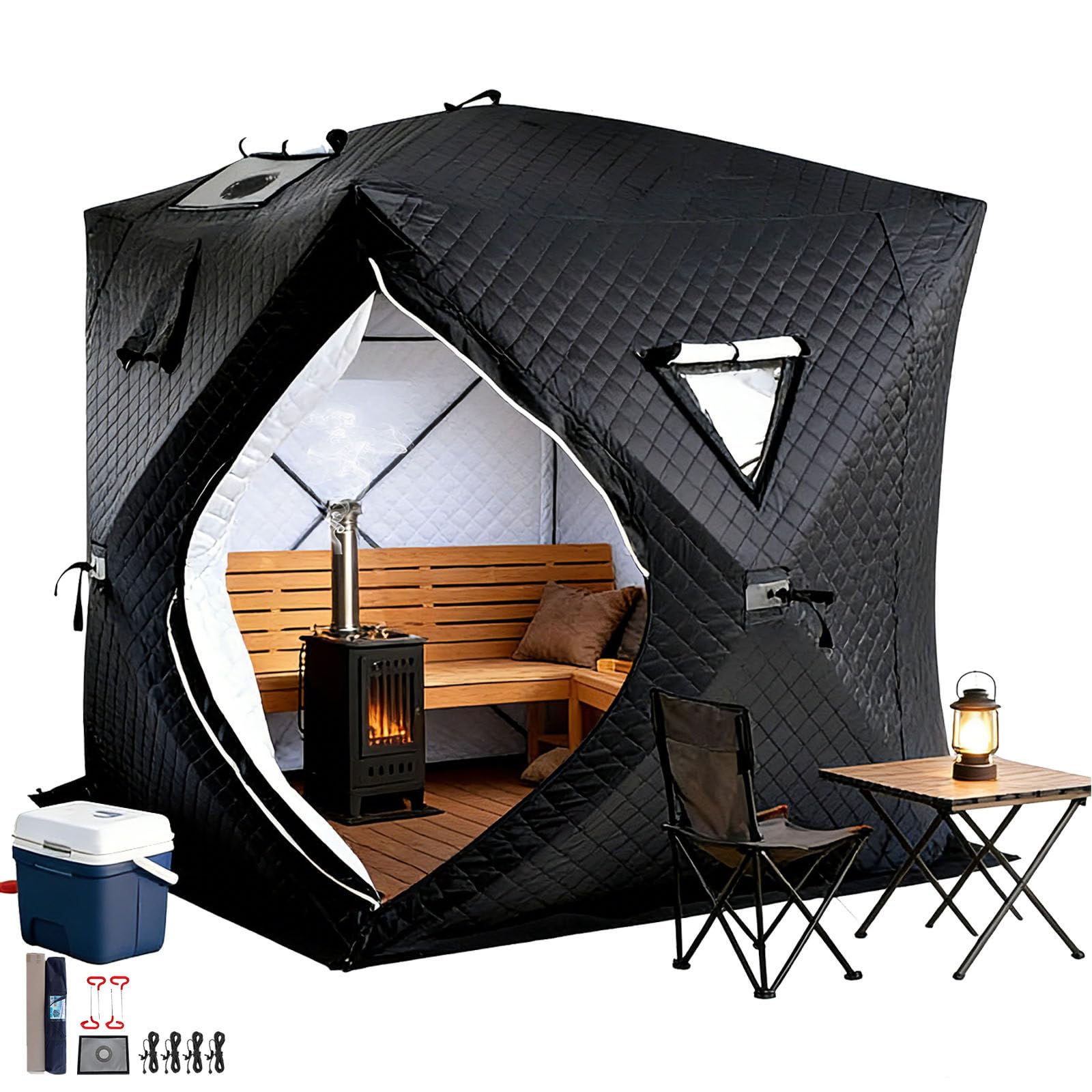 Tragbares Angelzelt 3-5 Personen, Tragbares Outdoor-Saunazelt mit Tragetasche, Tragbares Isoliertes Eisfischerzelt, Saunazelt für Den AußEnbereich Camping und Schneefischen Black-1.8m