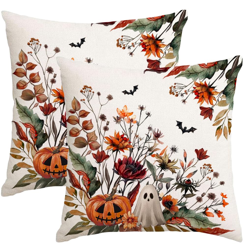 RABUSOFA Halloween Pillow Covers 18x18 inch Set of 2 Pumpkin Ghost Bat Decorative Throw Pillow Horror Floral Wildflowers Couch Cushion Case Decorations for Sofa Bedroom Living Room Home Decor