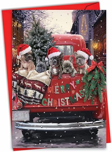 The Best Card Company - Tarjeta de felicitación navideña con sobre (4.63 x 6.75 pulgadas) - Red Truck Puppies-Buddies C3375JXSG