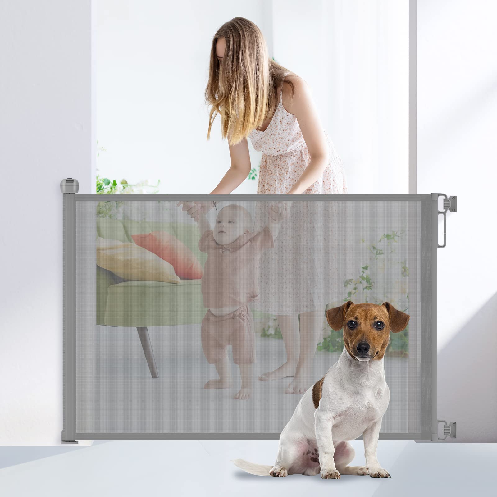 HAOBEIBEI Retractable Baby Gate,Easy Step Install Mesh Safety Gates with Childproof Locking 33" Tall, Extends to 55" Wide for Dog Pet Doorways, Stairs, Hallways Indoor Outdoor- Gray