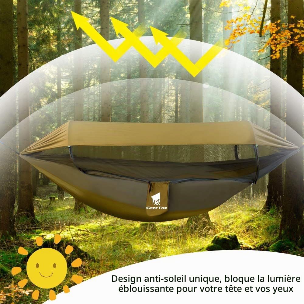 GEERTOP Hamac d'extérieur 3 en 1 avec bâche de Protection Solaire, imperméable et Durable en Nylon avec Filet Anti-moustiques, Double Couchage, équipement de Camping pour randonnée
