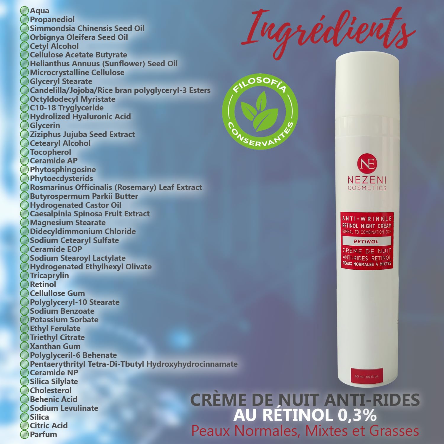 Nezeni Crema Noche 0.3% RETINOL PURO Antiarrugas Mujer/Hombre 27 Activos | Rellenador Arrugas Profundas Con Ácido Hialurónico | Crema Reafirmante Cara, Cuello y Escote | Piel Normal, Grasa y Mixta