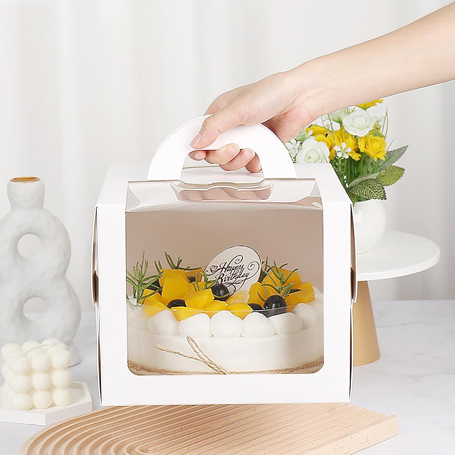4-inch White Cake Boxes with Large Window Portable Birthday Cake Storage Containers Dessert Wrapping and Baking Boxes 4pcs for Fruit and Mousse Packaging
