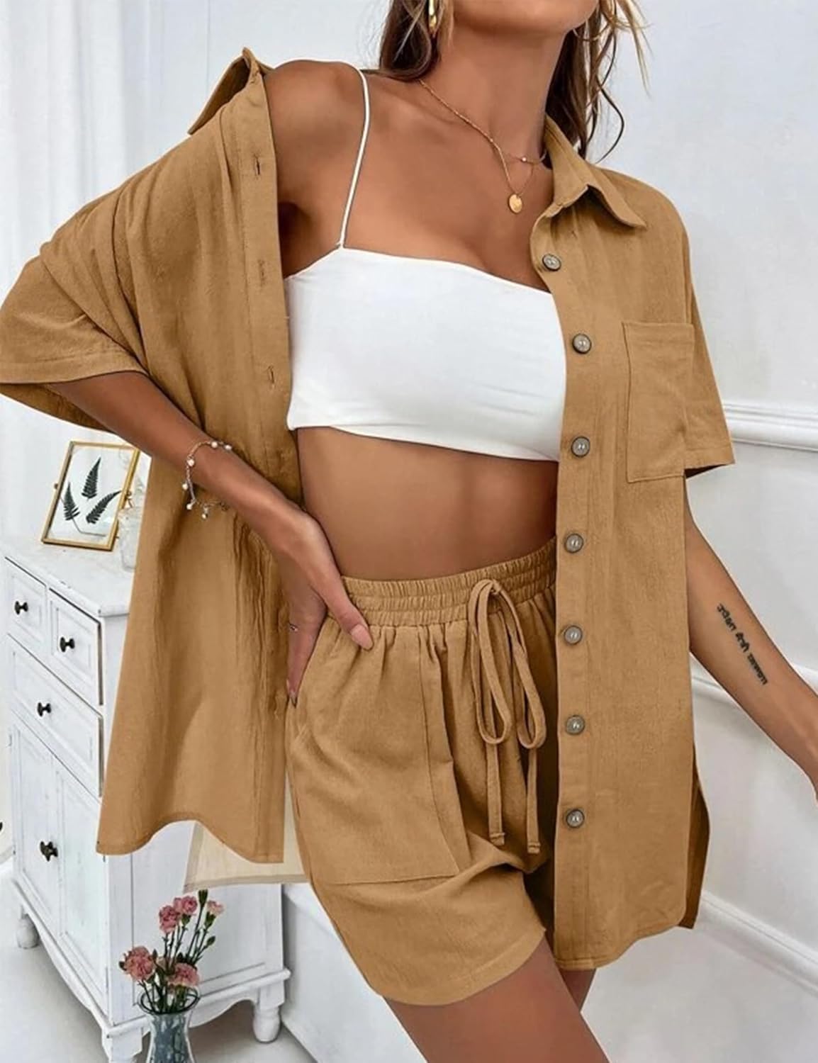 APAFES Women Summer Cotton Linen Short Sets 2 Piece Shorts Top Lounge Beach Vacation Two Piece Outfits Tracksuits - Image 4