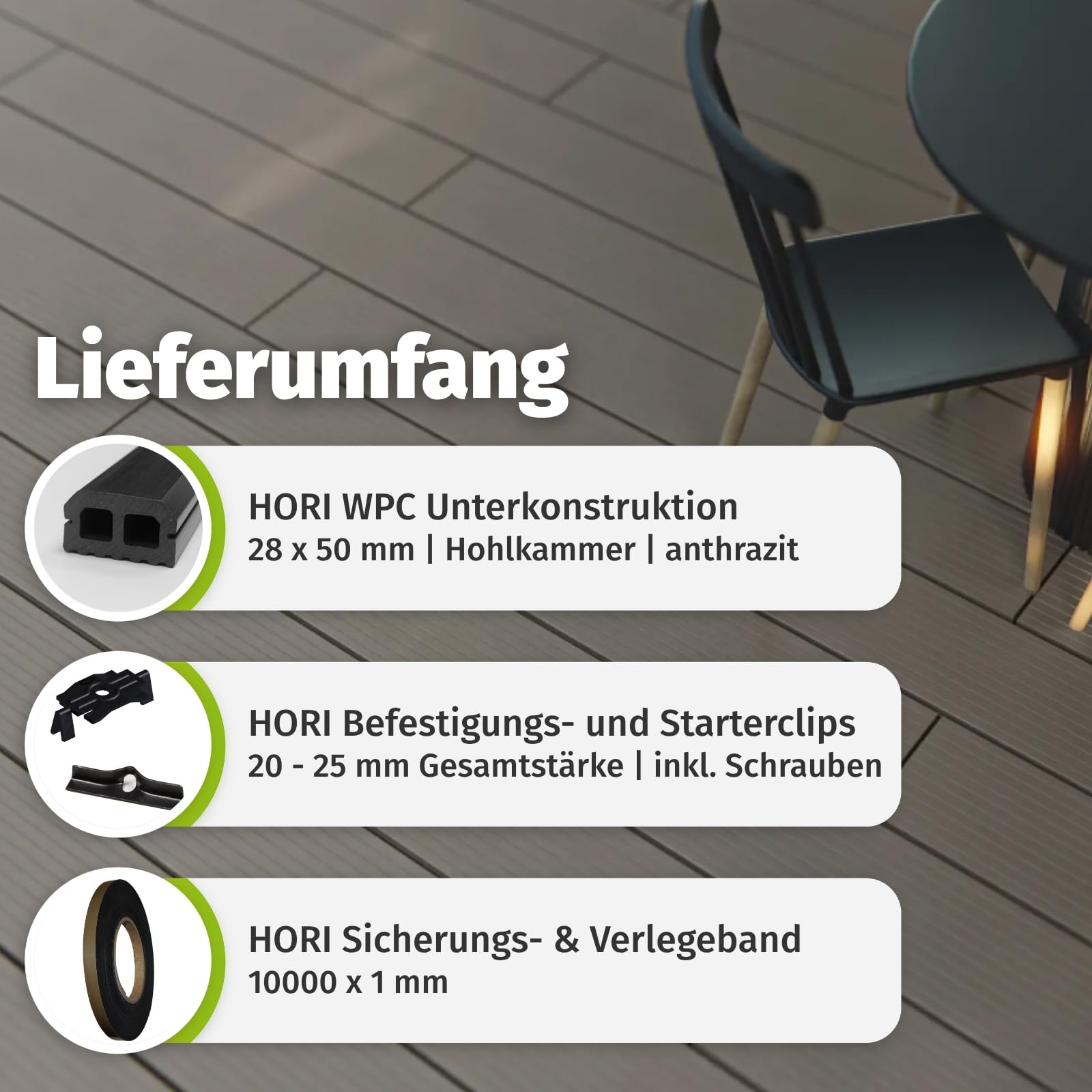 HORI WPC Terrassendielen Komplettset XXL Massiv Diele BPC Komplettbausatz Inkl. Unterkonstruktion 28x50 mm & Clips, Wetterfest, pflegeleicht & rutschhemmend