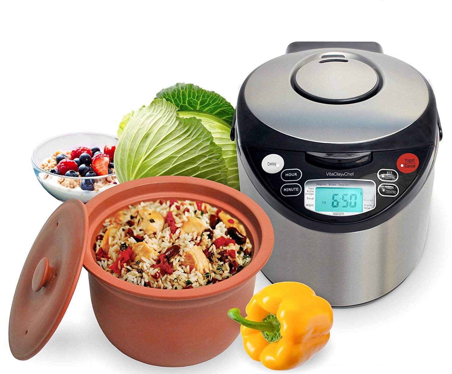 VitaClay Smart Organic Clay Pot Multi Cooker - Toxin Free Clay Rice Cooker Delay Start Slow Cooker Stew