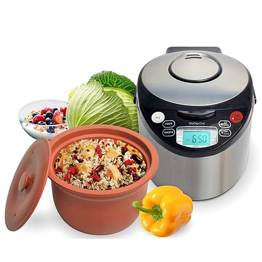 VitaClay Smart Organic Clay Pot Multi Cooker - Toxin Free Clay Rice Cooker, Delay Start Slow Cooker, Stew Cooker, Electric Soup Pot, Yogurt Maker, with Natural Earthen Clay Crock, 8 Cup / 4.2-Quart