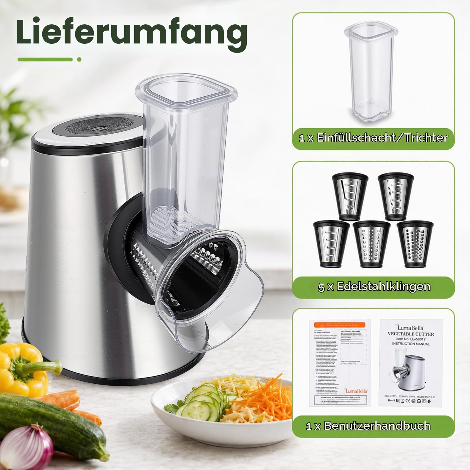 Elektrische 5-in-1 Gemüsehobel 800W, Gemüseschneider mit 5 Edelstahl-Trommeln, Gemüseschneider Elektrisch für Käse, Gemüse & Nüsse.Multireibe BPA-frei & Spülmaschinenfest,Silbergrau