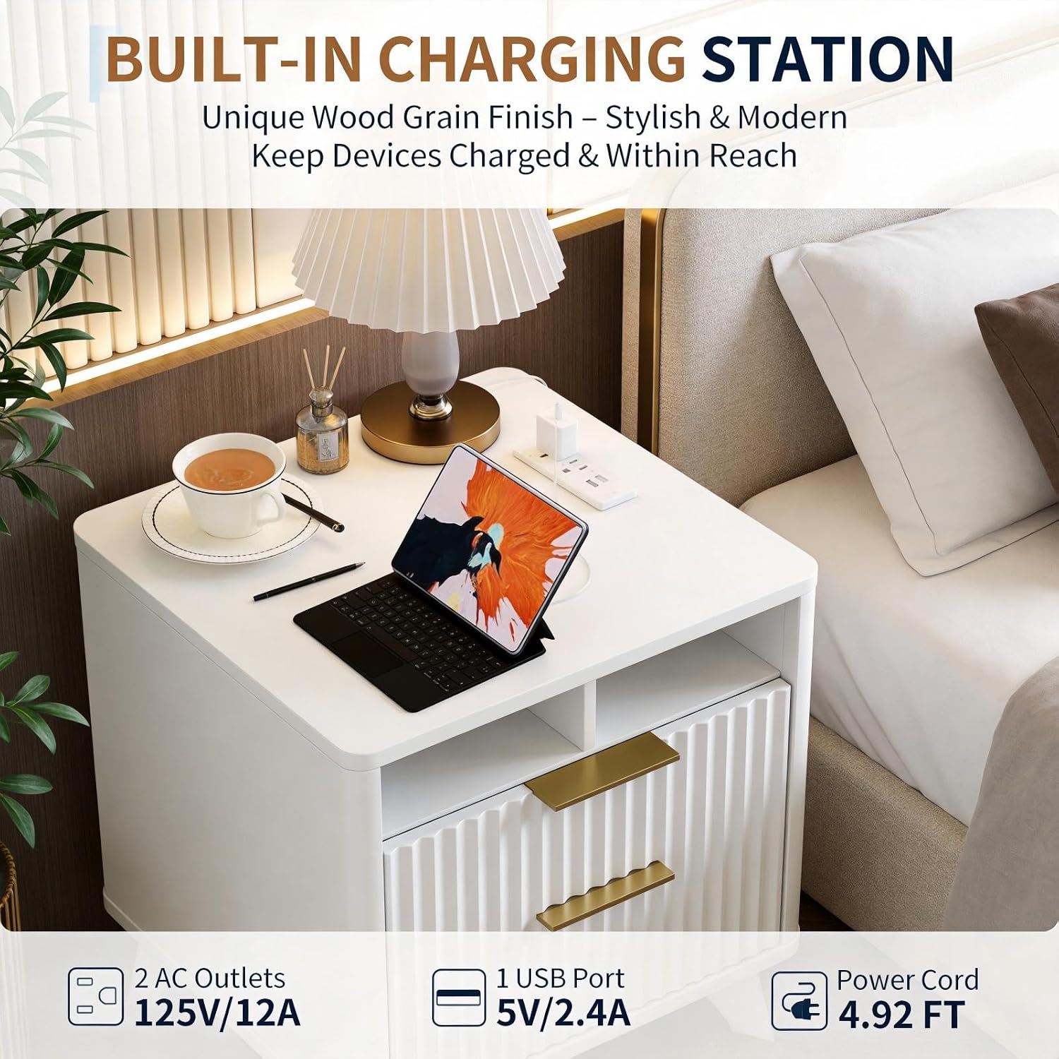 Nightstand with Charging Station, Fluted Bedside Table, 18 Inch Wood End Table with 2 Drawers and Open Cubby, 2 USB Ports and AC Outlets, Modern 6 Inch Legs, White(2Pack)