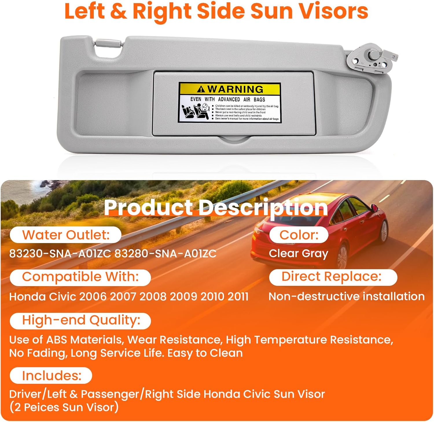 Left and Right Sun Visor Compatible with Honda Civic 2006-2011, Replaces 83280-SNA-A01ZC, 83230-SNA-A01ZC, Gray with Mirror, Exact Fit Driver and Passenger Side (EX, LX, Sedan, Coupe)