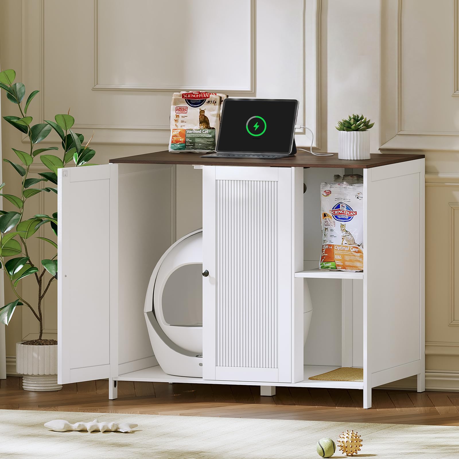 Large Cat Litter Box Enclosure for Automatic Litter Boxes,Hidden Litter Box Furniture with Shelves for Dog Proof,Charging Station,Modern Cat House with Scratching Post,End Table