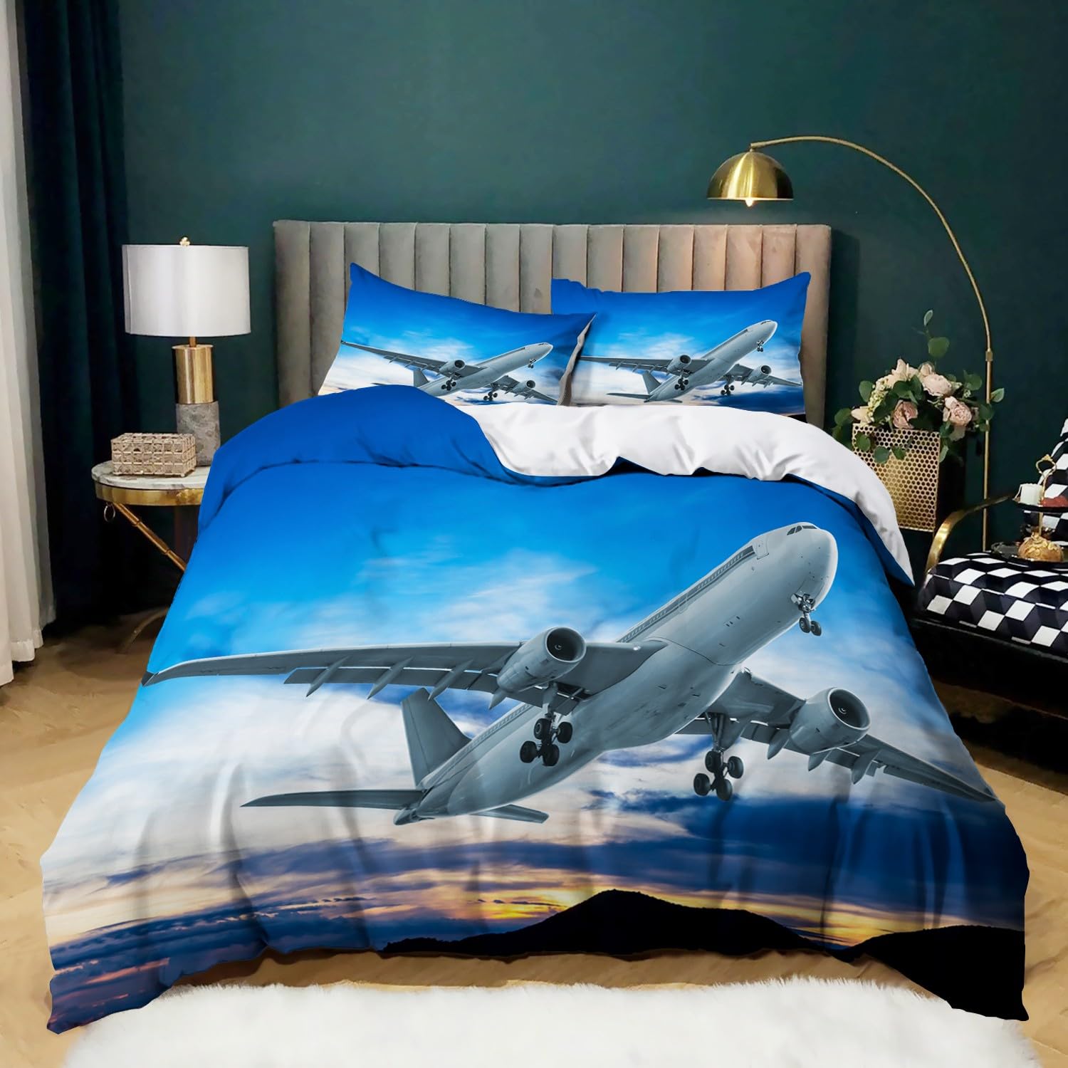 XCQHZYQ Single Duvet Cover Set Aviation Plane Bedding Set for Kids Children Microfiber Soft Cozy Anti Allergic Quilt Cover Set with 2 Pillowcase
