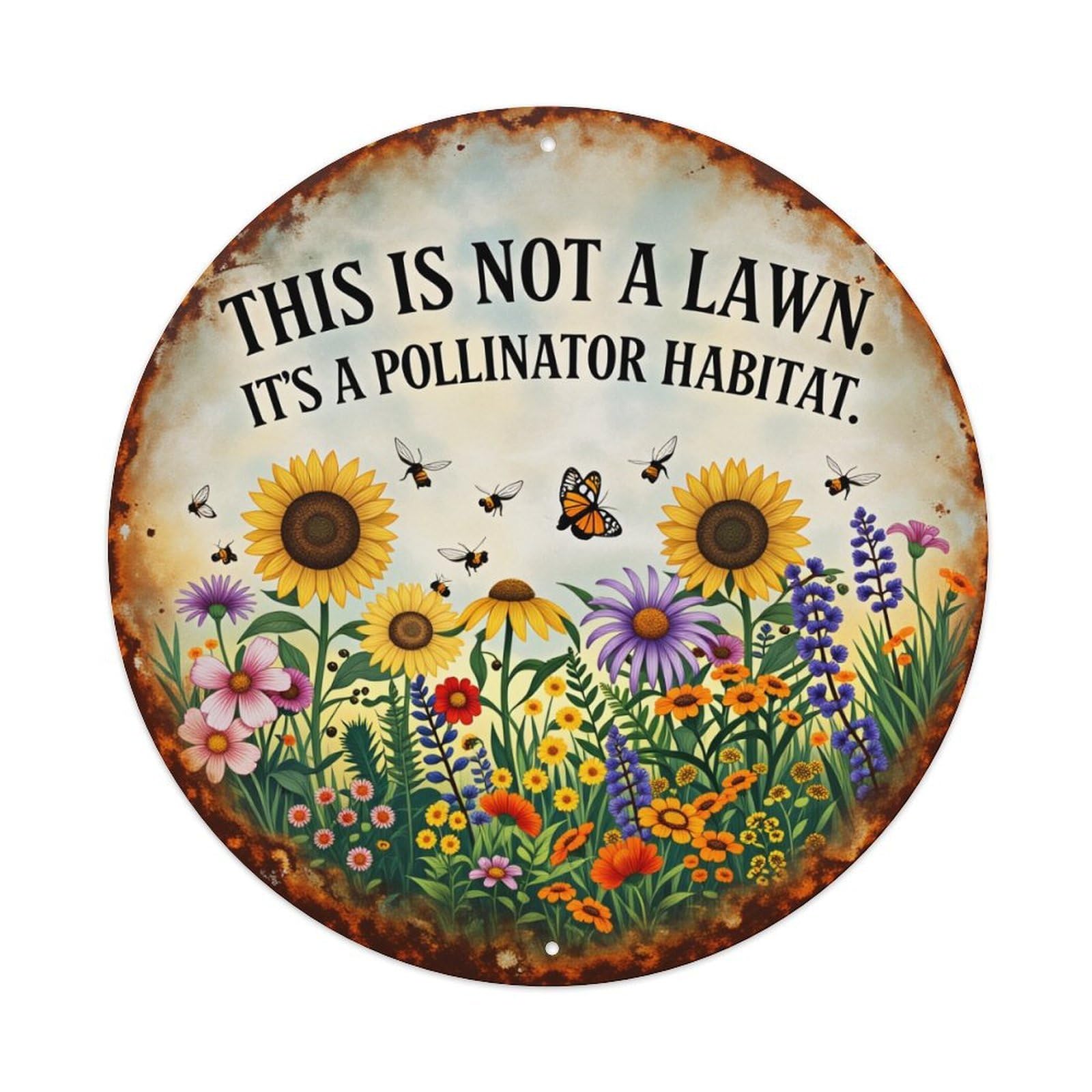 Floral Garden Pollinator Habitat Sign Round Tin Sign Vintage Style Metal Sign Home Bar Garden Wall Plaque Decor Metal Poster 8x8 Inch