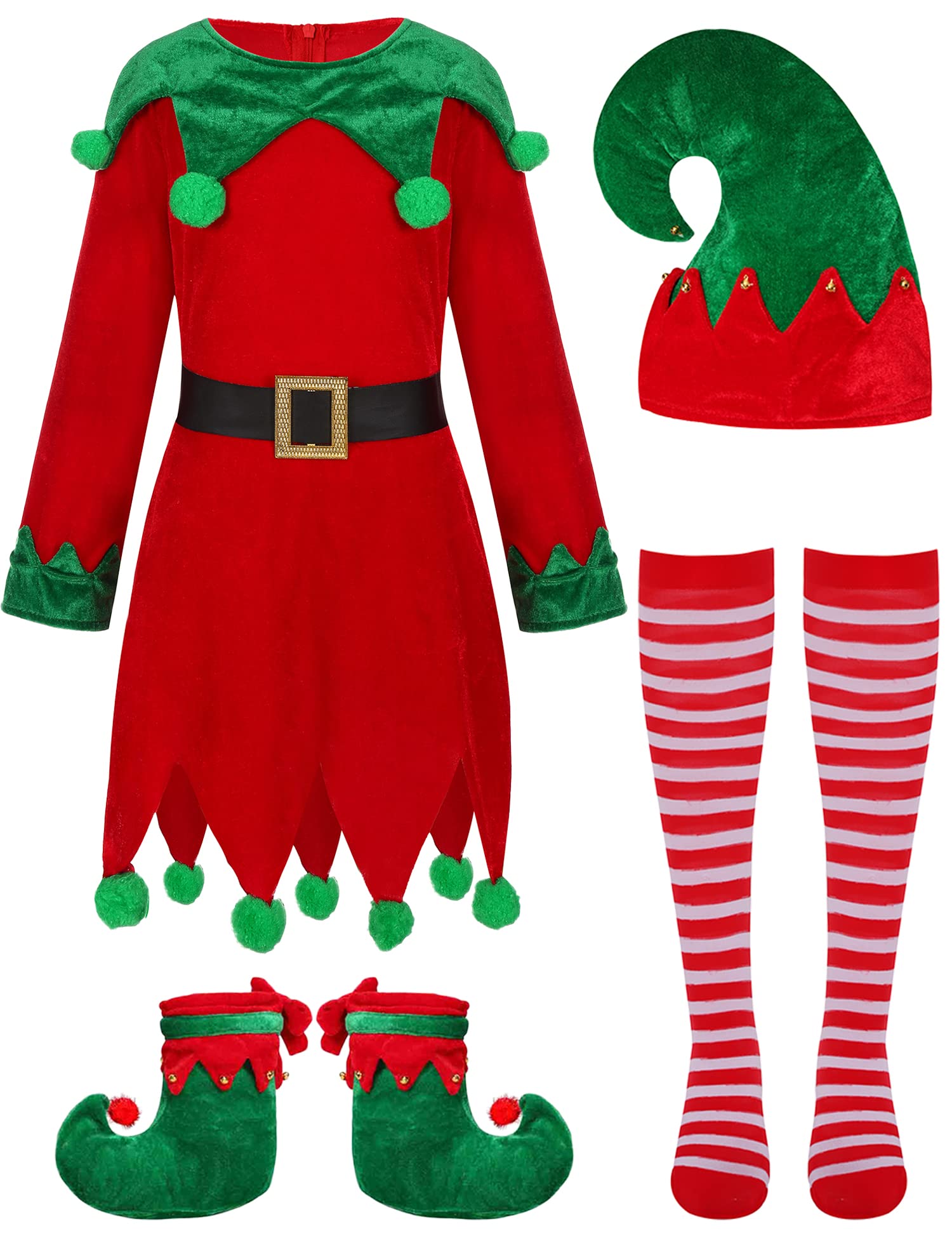 Kids Christmas Elf Costume for Girls Santa Helper Costume Xmas Festive Outfit with Elf Hat Shoes Belt Striped Stockings