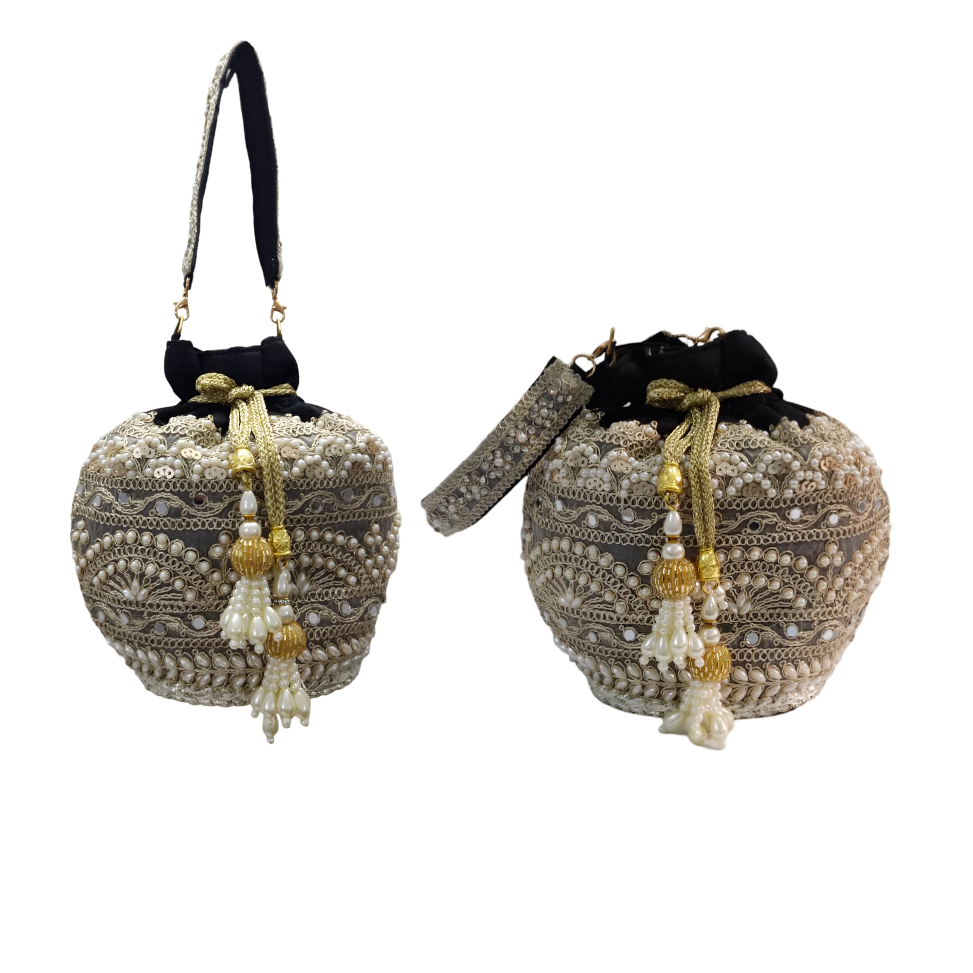 OMID Women's Black Potli Bag- Traditional Boho Pouch String- Tie Sack,Beaded Silk Purse for Girls and Women, Bridal Festive Gifting Bag For Women and Girls 3