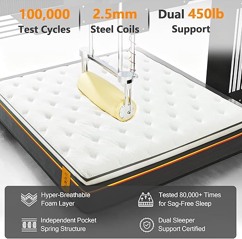 Miniatura 8 de Colchón híbrido King de 12 pulgadas, tamaño King, firmeza media, prueba de 100 noches, certificado CertiPUR-US, soporte zonificado, alivio de