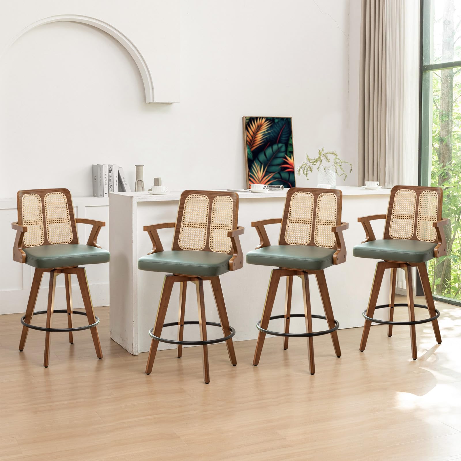 Counter Stools Set of 4 - 27 inch Swivel CounterStools with Rattan Back, Curved Arms, Upholstered Seat, Adjustable Bamboo Legs, Counter Top Stools for