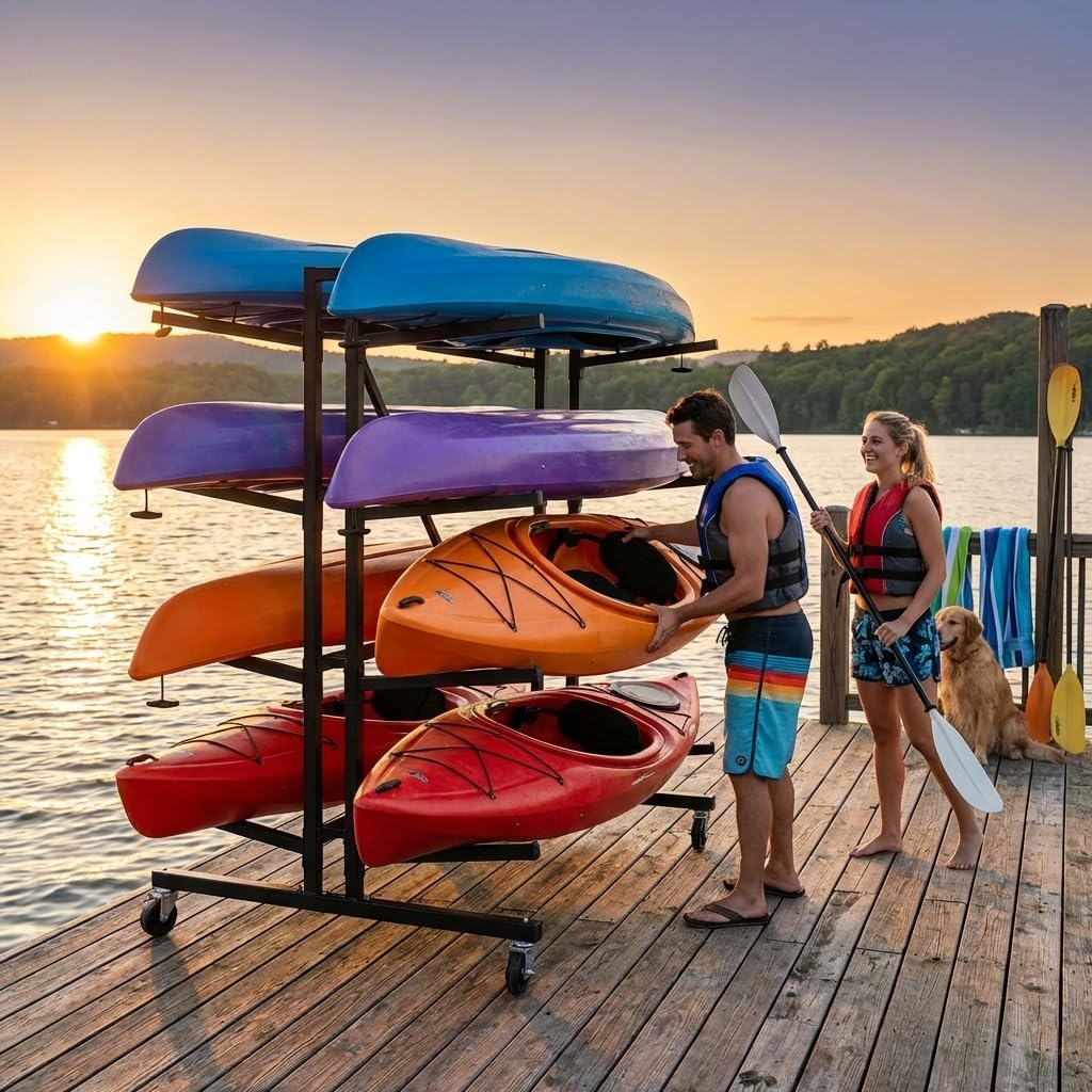 82"H Heavy Duty Freestanding Kayak Storage Rack, Adjustable 8 Kayak Stand with Wheels for kayak storage rack Garage kayak rack Indoor and Outdoor Use, 58"D kayak rack for garage x 45.9"W x 82.3"H