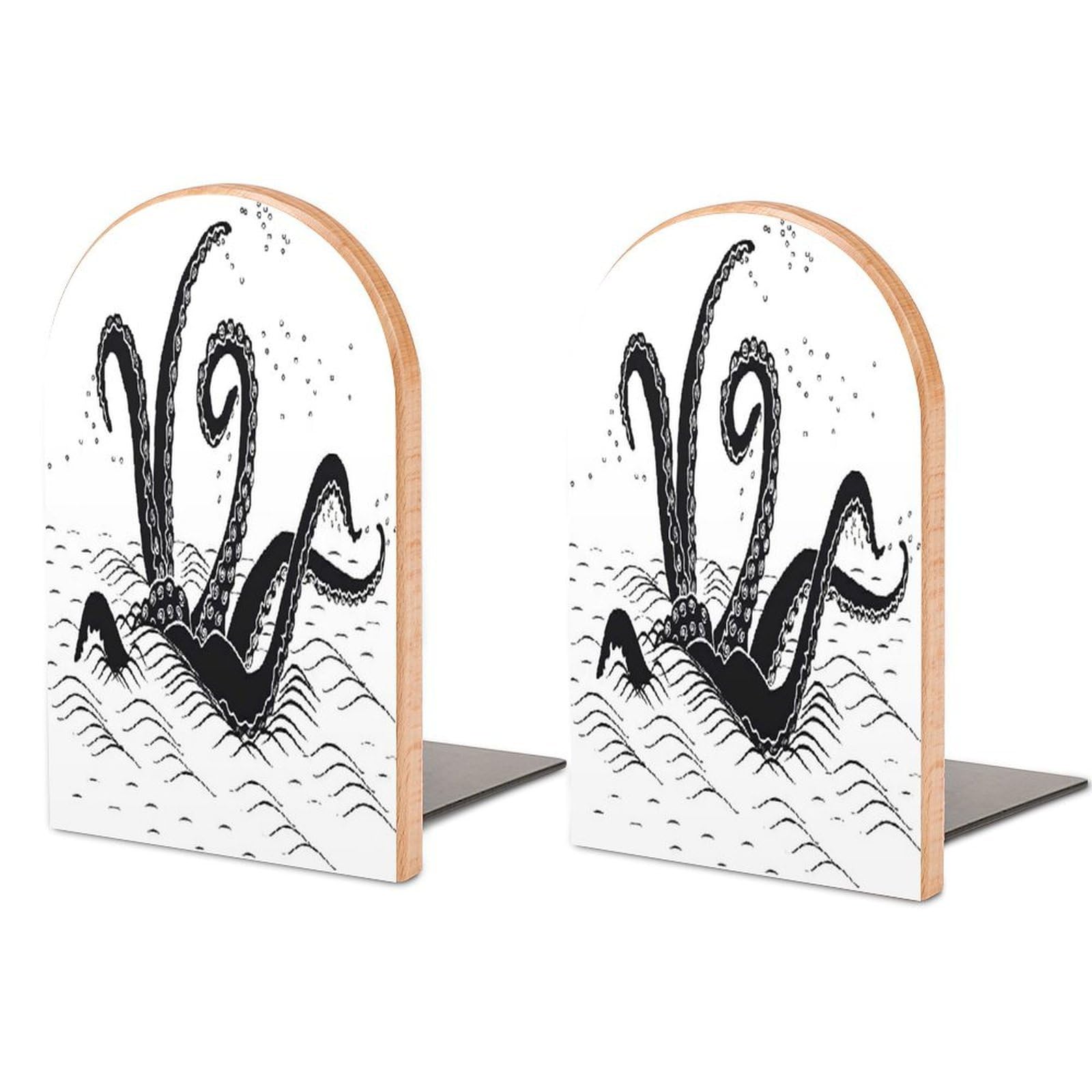 Mythological Octopus Tentacles with The Sea on A White Background Beech Wood Bookends Heavy Duty Book Organizers Desktop File Holder for Office Home Bookshelf