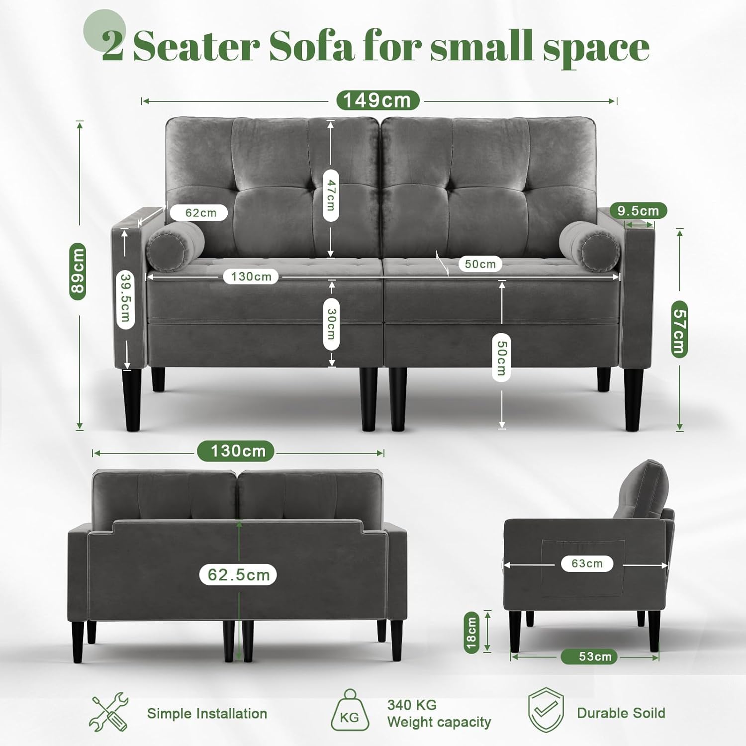 Sofá 2 Plazas, Cojín Cómodo, 2 Almohadas (Gris sólido) | Sofá Moderno de Terciopelo con 2 Almohadas y Bolsillos Laterales para Salón, Apartamento y Dormitorio, Fácil de Montar