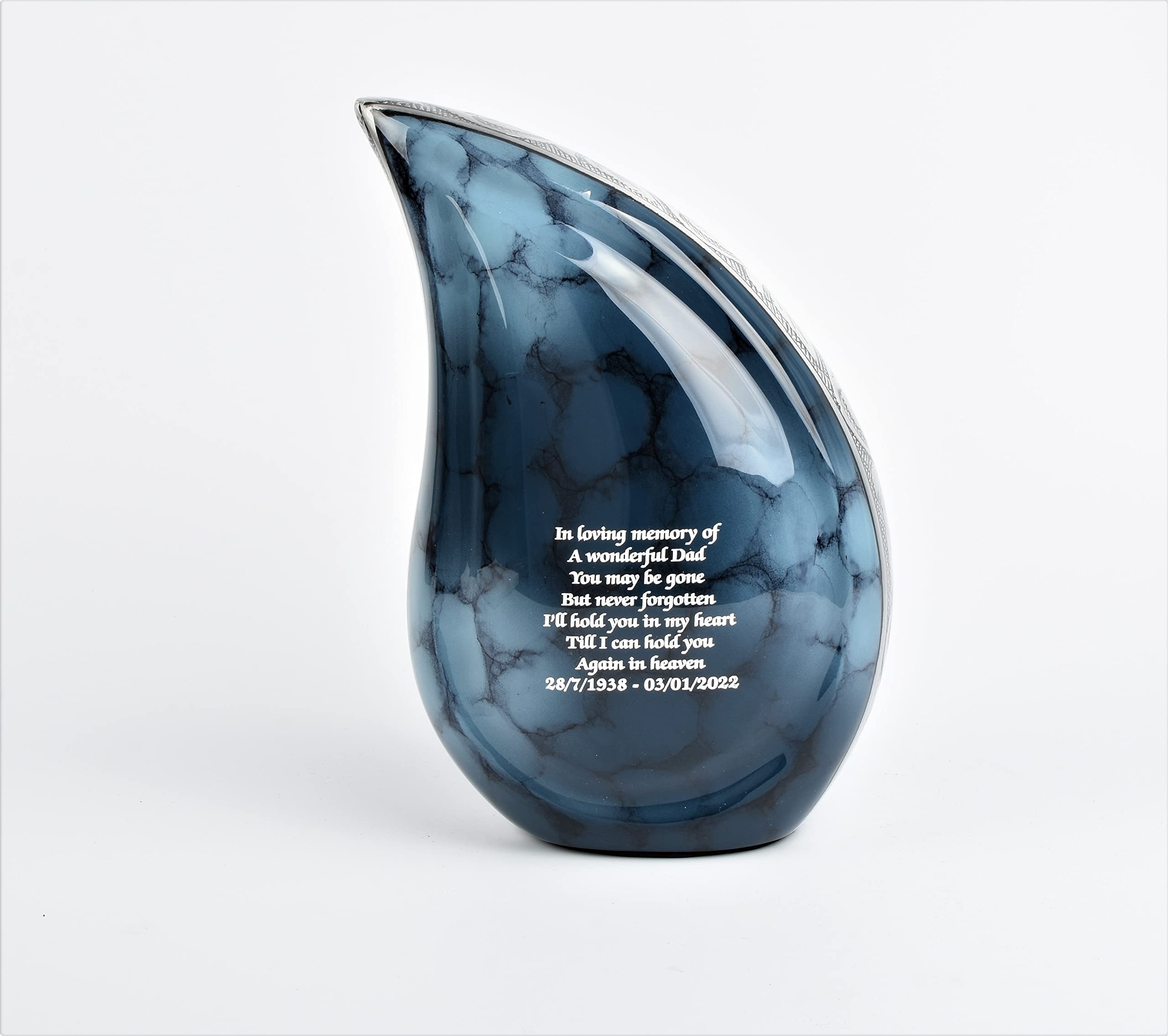 Urns With Love Teardrop Cremation Urn – 1 Litre Capacity, 8" Tall Memorial for Child, Pet, Part Adult Remains or Sharing Ashes Among Family Members (Blue Cloud-Text Engraved)