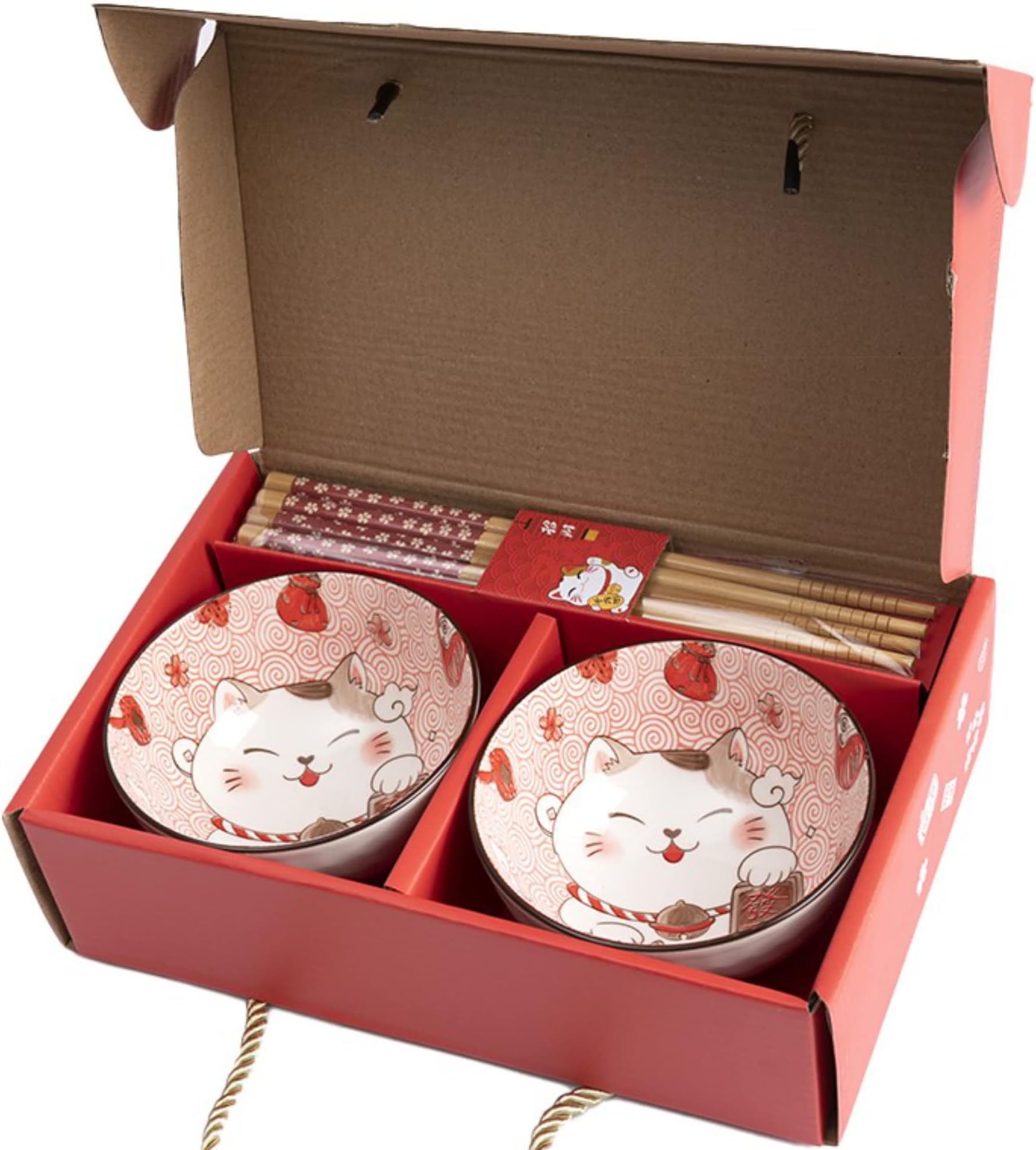 Lachineuse Coffret Vaisselle Chat Maneki Neko - 4 Bols + Baguettes + Cuillères - Service Riz Japonais Porte-Bonheur