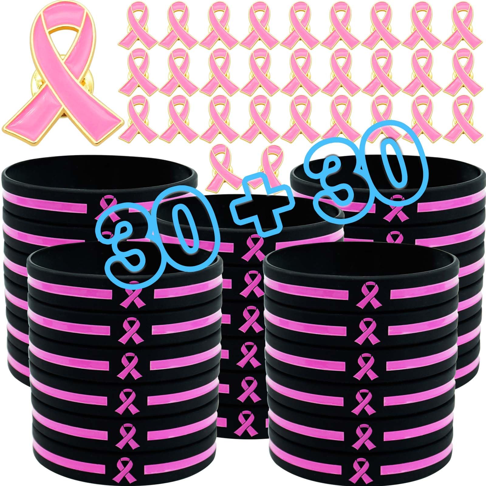 Temogole60 Pcs Breast Cancer Awareness Bulk Items Accessories 30 Breast Cancer Awareness Bracelets 30 Awareness Pins Pink Ribbon Wristband Fundraiser Gifts Breast Cancer Party Favor for Women Men 30 Set