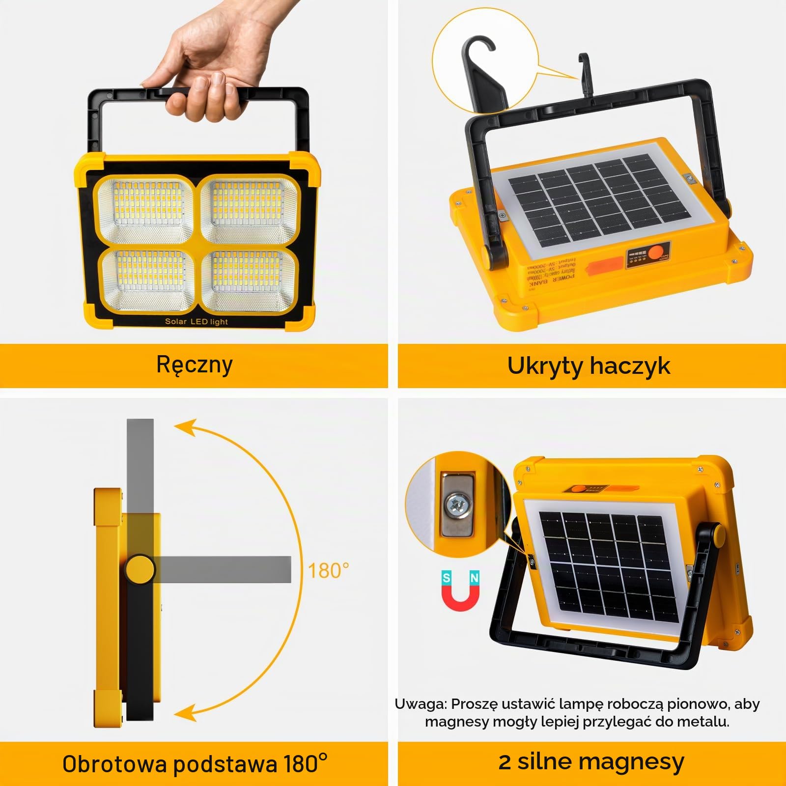 Akumulator 100W Reflektor Led - Akumulator LED Reflektor z Panelem Słonecznym - Przenośne światło robocze 12000 mAh 4 tryby światła Idealne na kemping, wędkarstwo w nagłych wypadkach, garażu