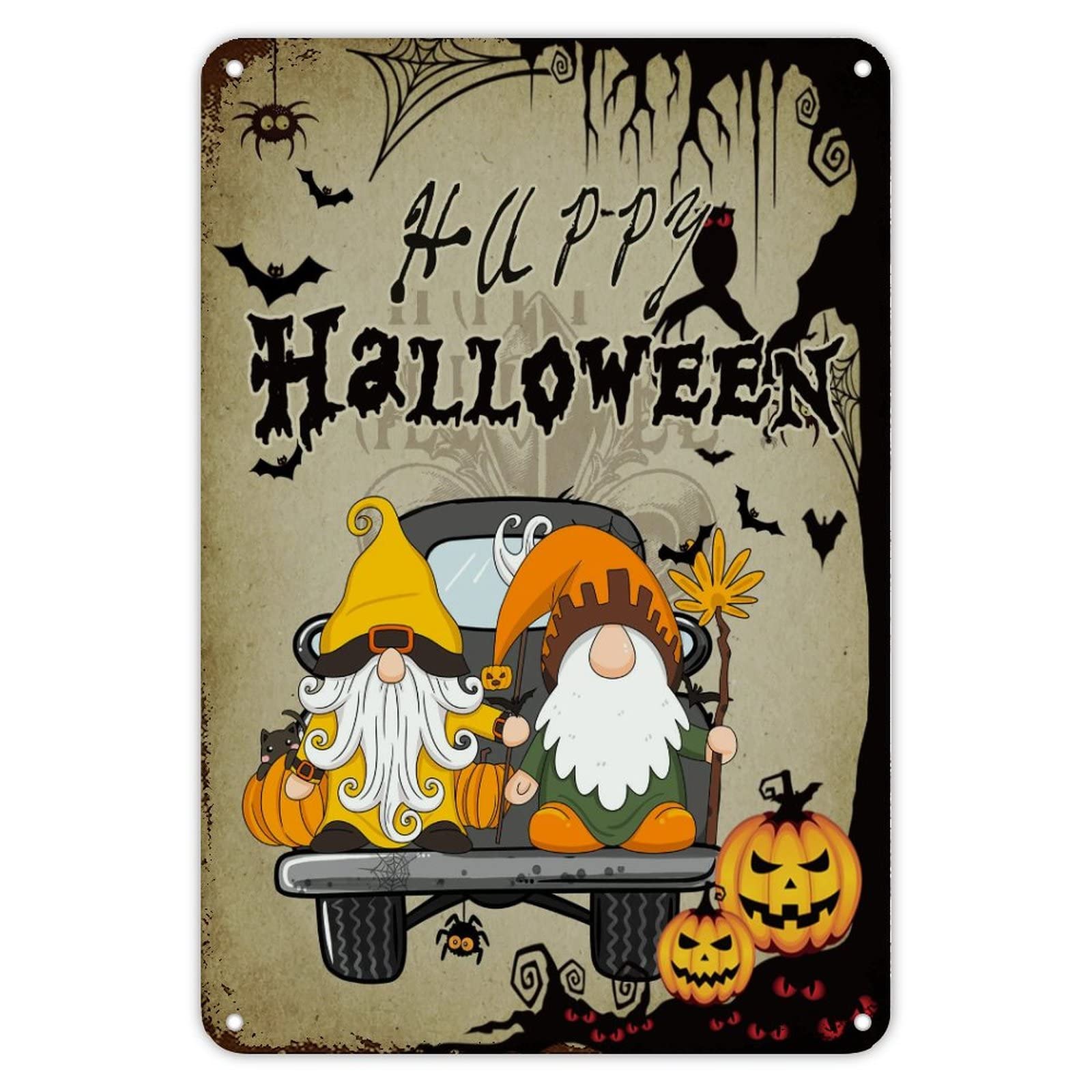 Happy Halloween Metal Sign Halloween Gnomes Truck Witch Decor Tombstone Pumpkin Bat Metal Tin Sign Plaid Wall Art Farmhouse Sign Rustic Halloween Hanging Welcome Sign Party Supplies 8X12 inch