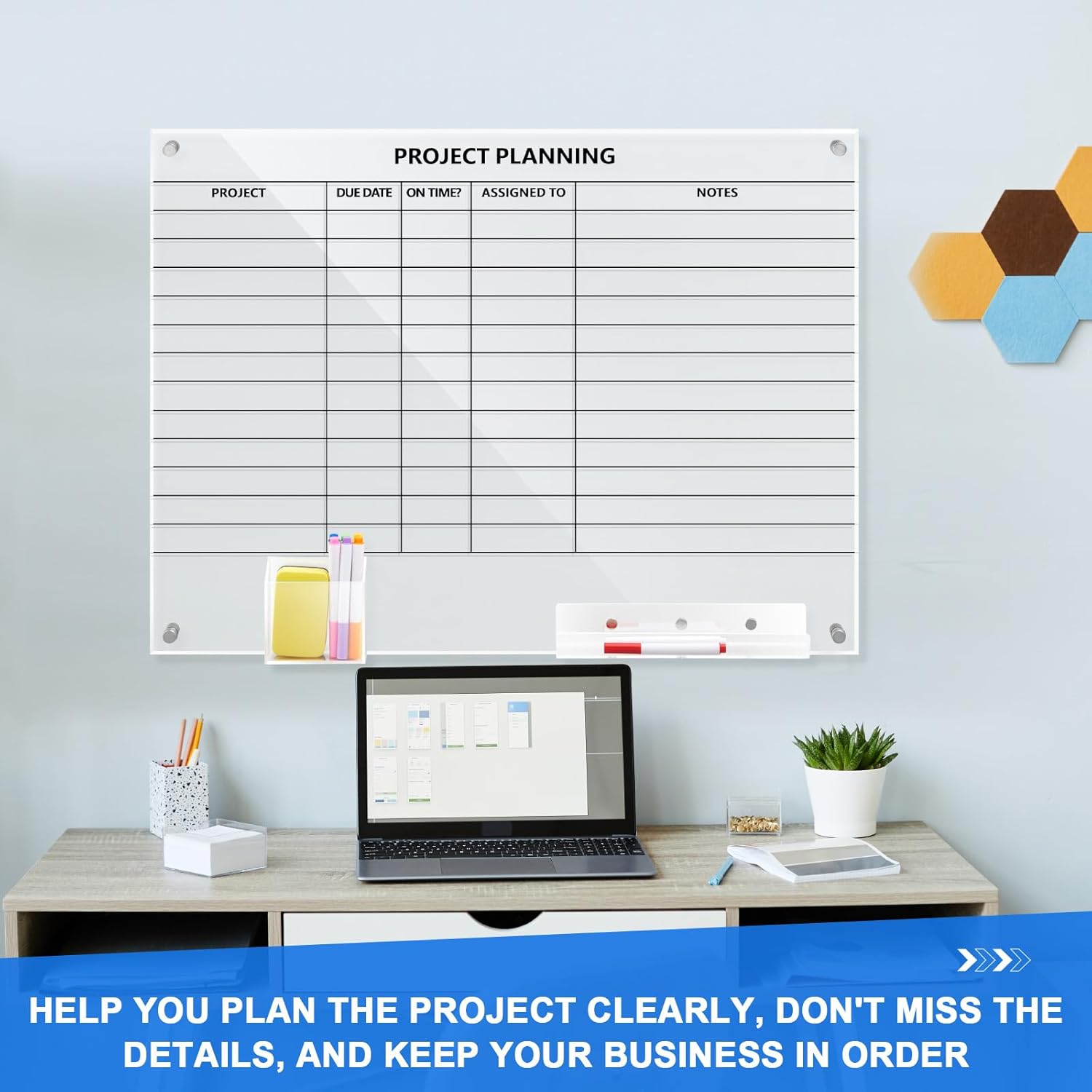 Lincia Acrylic Project Planning Board, 24 x 18 Inch Clear Wall Schedule Dry Erase Board with 8 Markers and Eraser, Whiteboard Planner with Lines for Home Office Project and Family Organization
