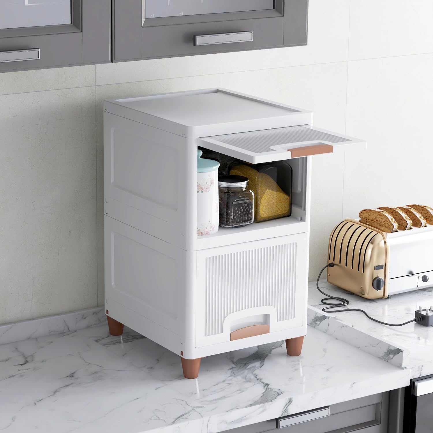 ALCY Storage Cabinet with Open Shelves and Drawer, White, Stackable Vertical Organizer for Clothes and Linens (2XL) 2