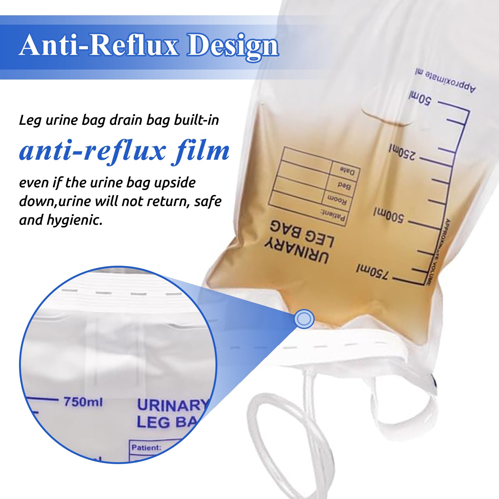 10pcs 750ml Urinbeutel Beinbeutel, Katheter Beinbeutel mit Anti-Reflux-Film, Urindrainagebeutel mit Ventil, Ablass und Gummibänder, Urinbeutel bei Inkontinenz - Steril Verpackt