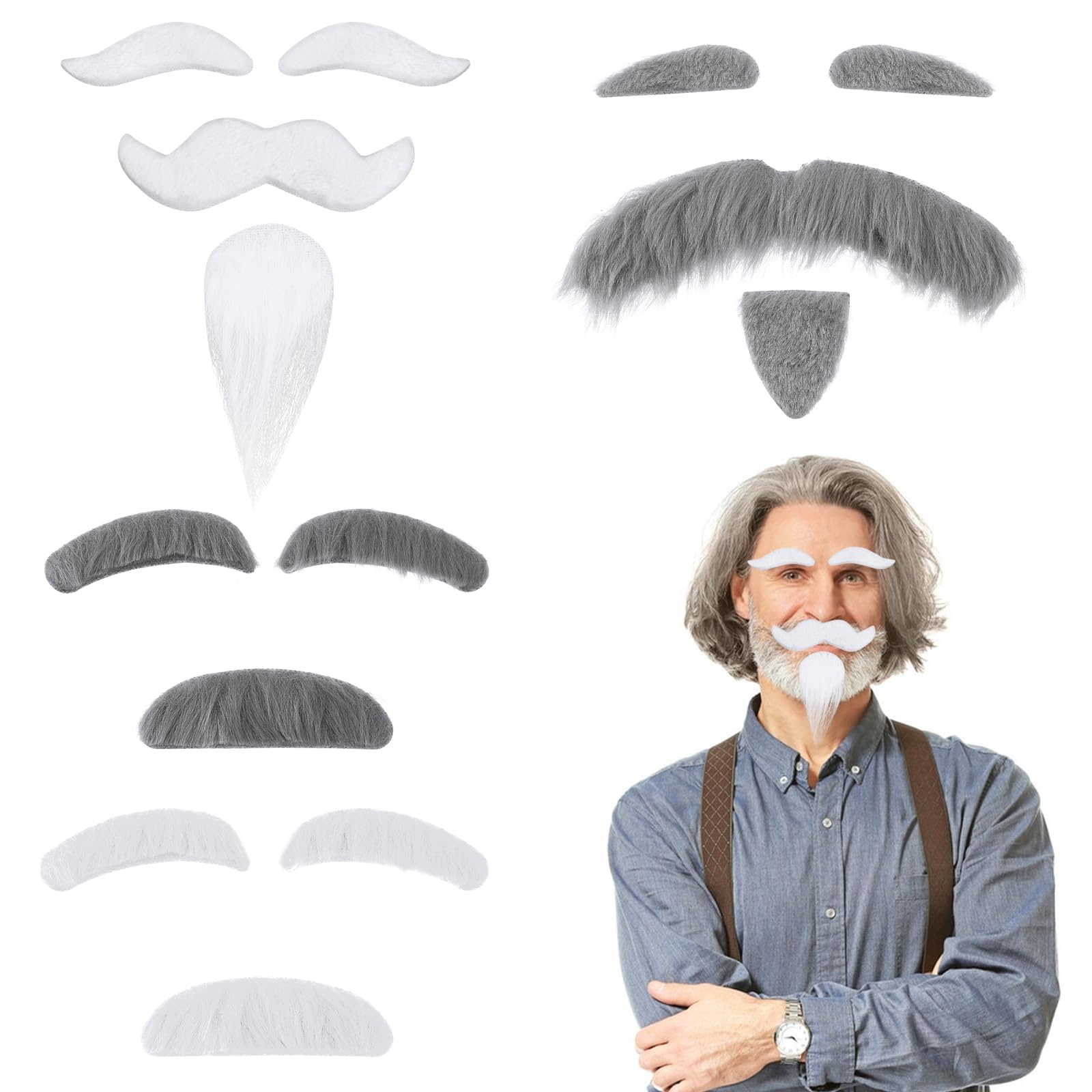 4 set di baffi e sopracciglia finti da attaccare su baffi e sopracciglia per costume da vecchio, barba finta autoadesiva, per uomini e donne, feste di Halloween, carnevale, giochi di finzione