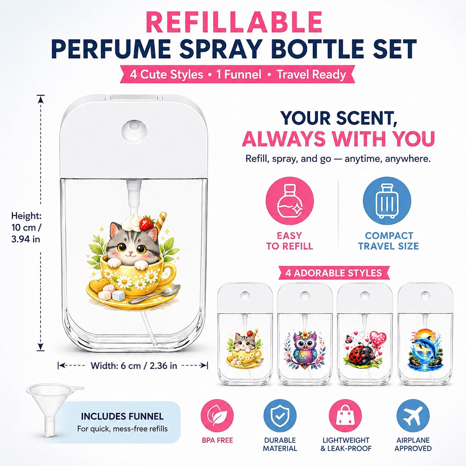 Bubble Tea Cat Empty Perfume Spray Bottle 50ml Refillable Atomizer