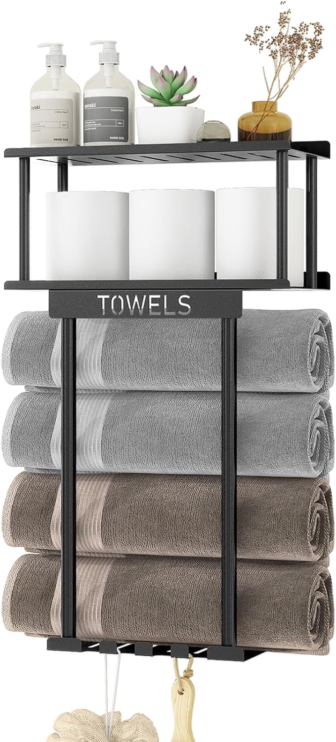 Towel Racks for Bathroom Wall Mounted, Metal Bath Towel Rack for Rolled Towels, Wall Towel Storage Holder with Shelf & Storage Basket, Towel Organizer with Hooks for Small Bathroom – Black