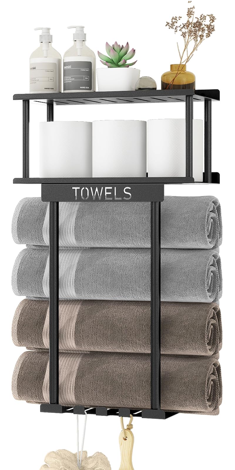 LMYSXAOZ Towel Racks for Bathroom Wall Mounted, Metal Bath Rack Rolled Towels, Storage Holder with Shelf & Basket, Organizer Hooks Small - Black