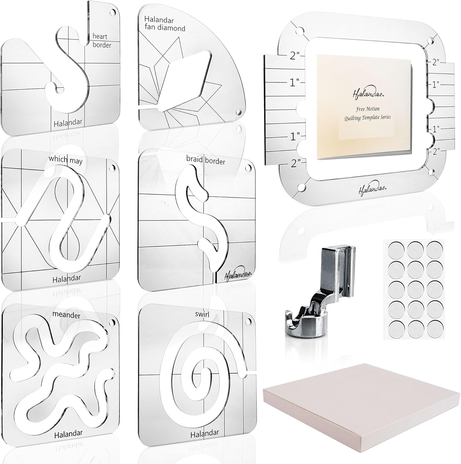 6 Pcs Free Motion Quilting Template Series with 1 Quilting Frame 1 Ruler Foot 15 Non-Slip Mats 1 Instruction, 3mm Acrylic Templates for DIY Quilting Tool on Sewing Machine Ruler