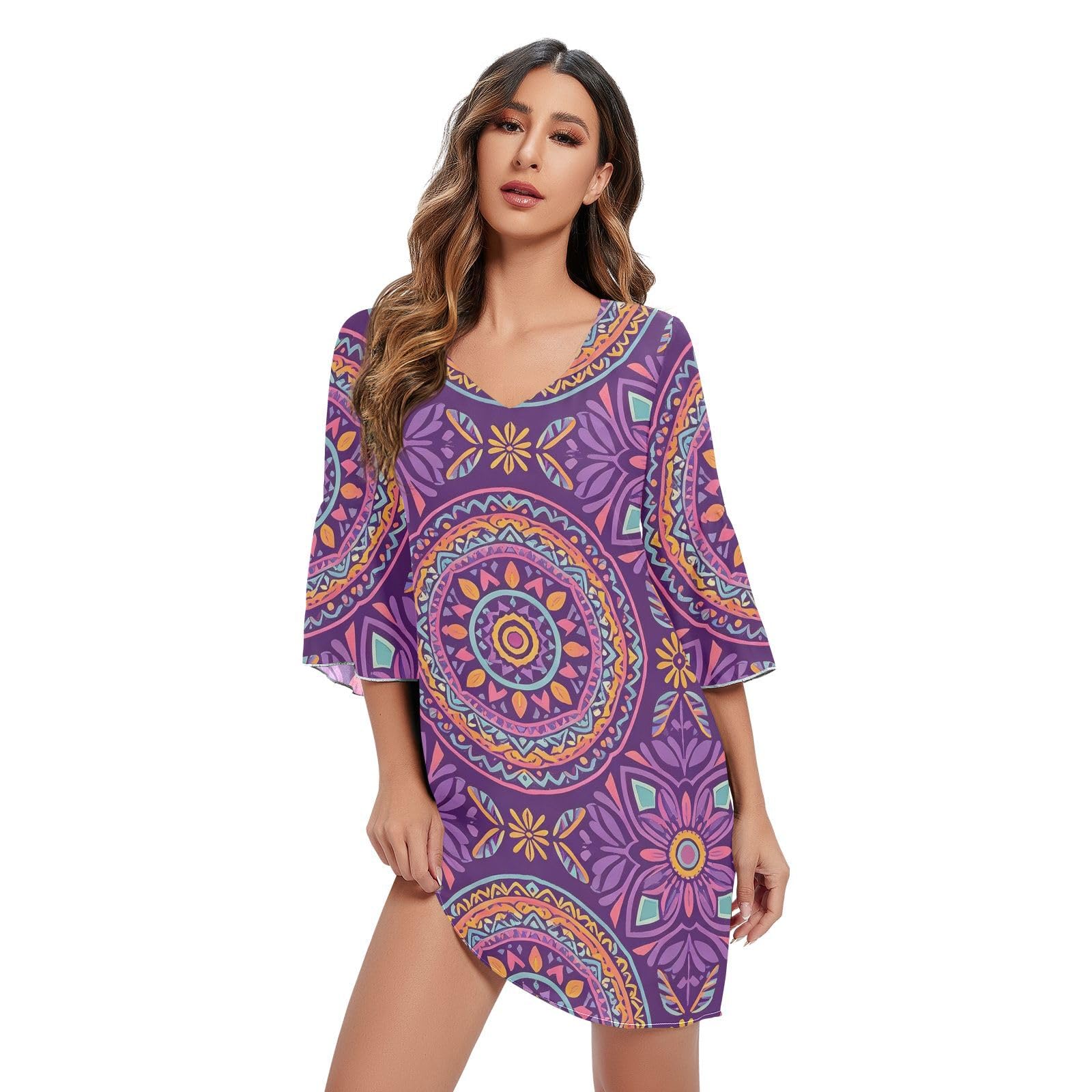Robe trapèze mousseline violette col V fluide silhouette sublimée - 7