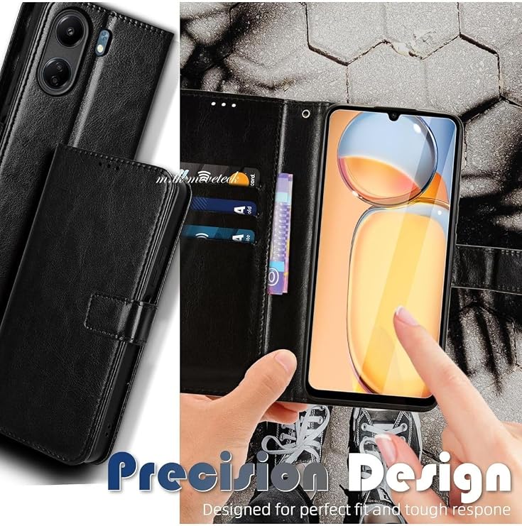 M.TK moveteck Xiaomi Redmi 13C Kılıf 360 Tam Kaplar Deri Dokulu Kapaklı Cüzdan Standlı Kartvizitli Tank Zırh Kapak, siyah, Tek Ebat, deluxe13csiyah
