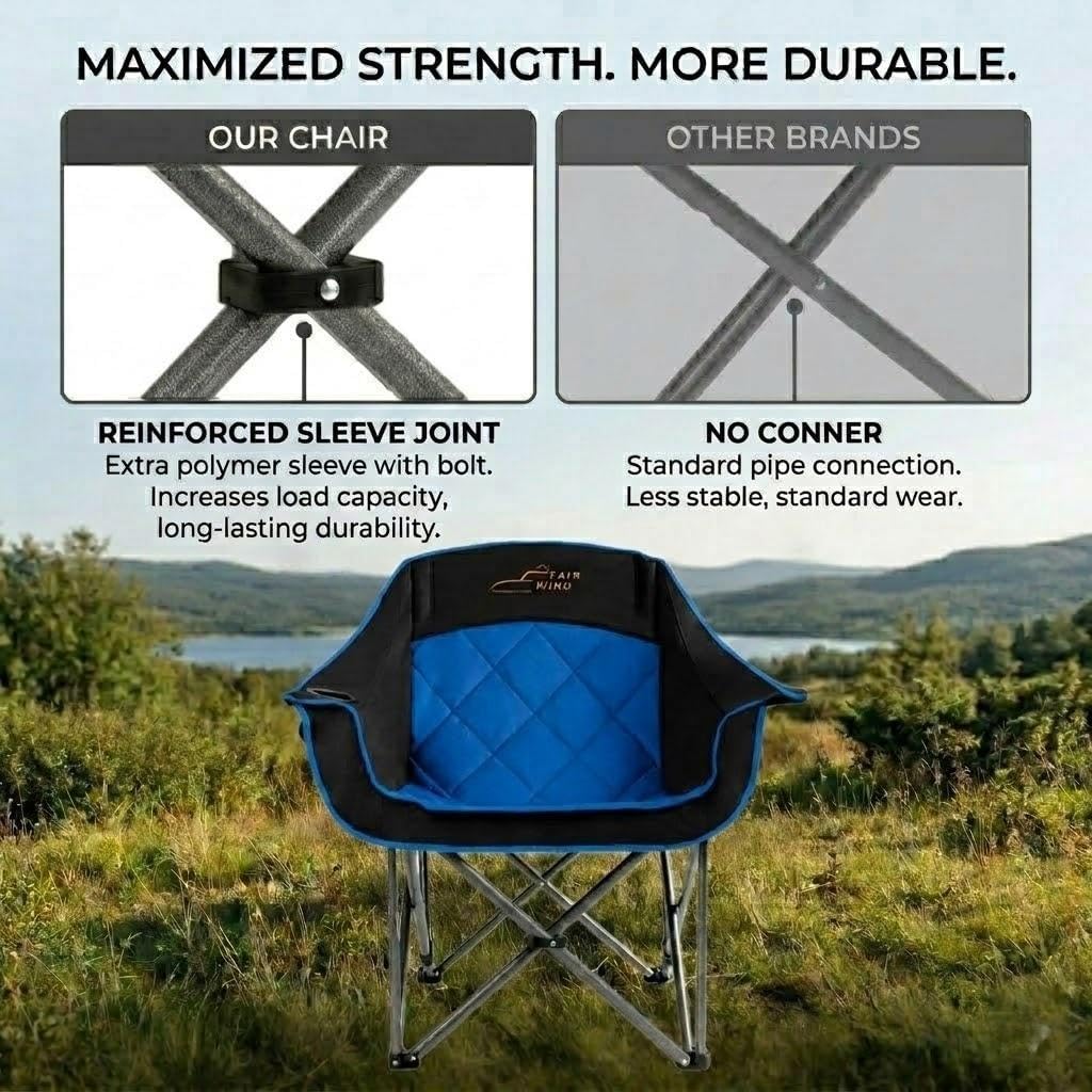 FAIR WIND Oversized Padded Camping Chair Heavy Duty Quad Fold Arm Chair Portable for Outdoor - Support 500LBS, Blue