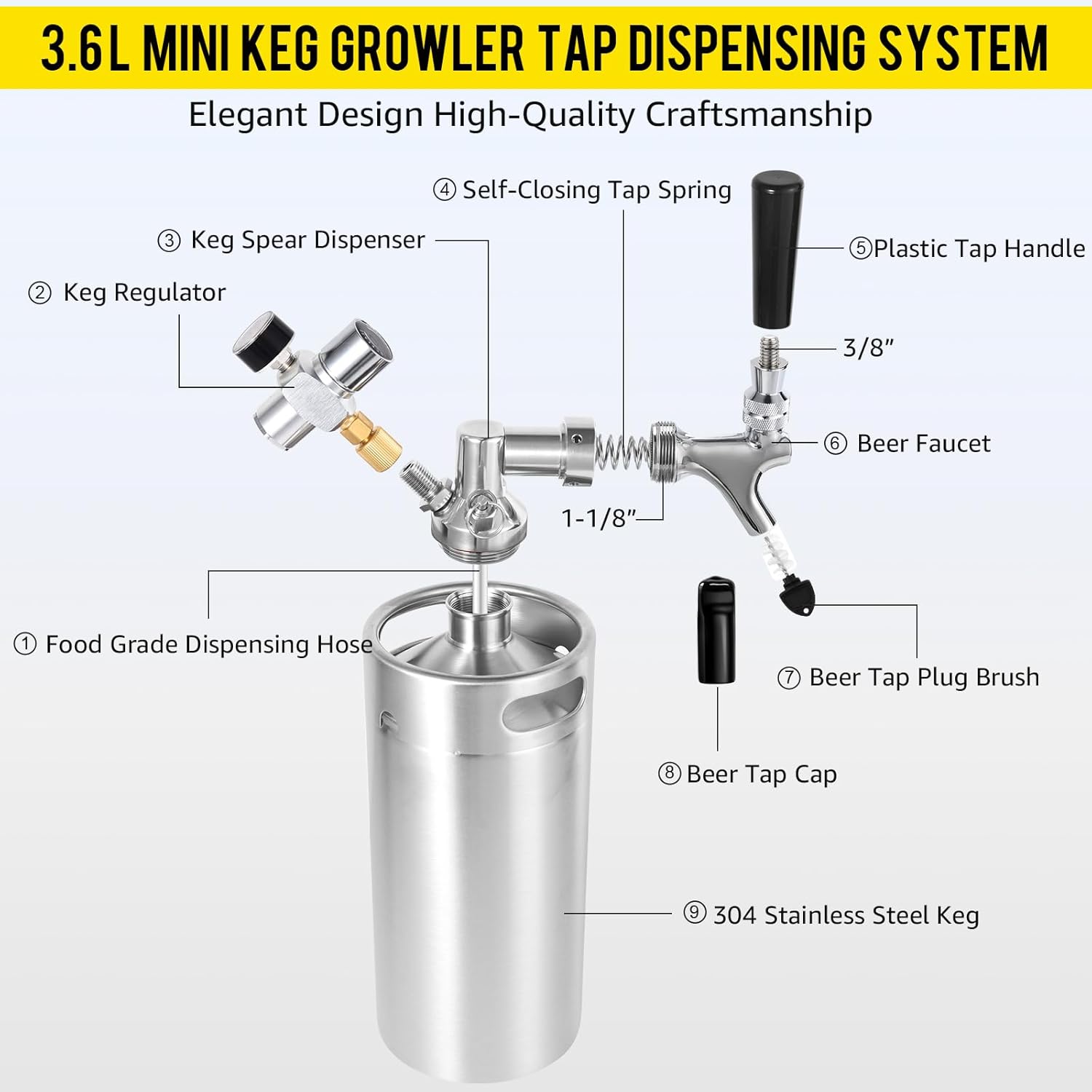 MRbrew 128oz Mini Keg Growler Portable Draft Beer Dispenser System 3.6L Mini Keg Pressurized Stainless Steel Beer Growler Tap System Home Mini Kegerator, with Professional - Sliver